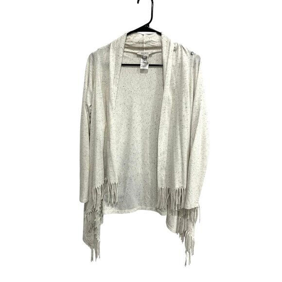 Zozo Open Front Cardigan Sweater White Gray Sz Medium Long Sleeve Fringe Hem - Picture 1 of 9